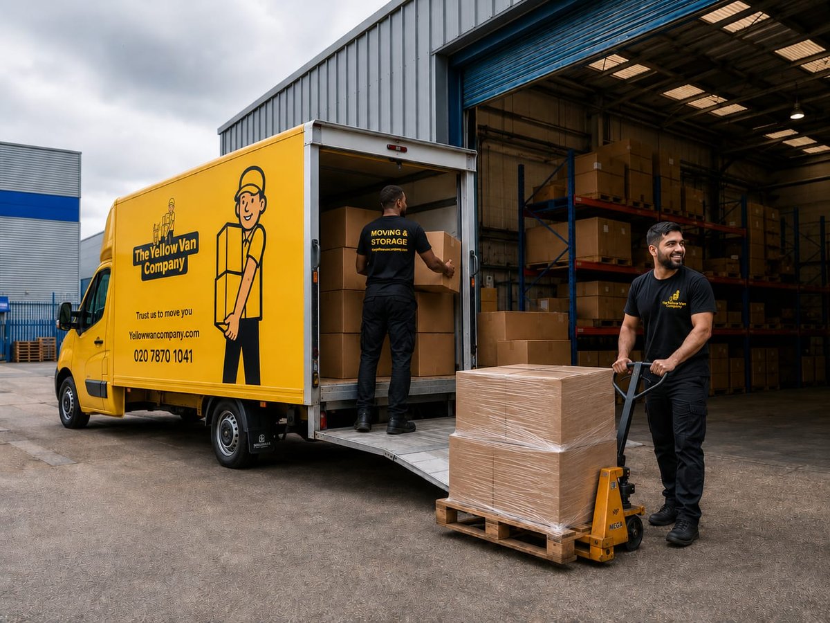 The Yellow Van Company crew loading goods with pallet trucks at an industrial storage facility - London business removals and logistics