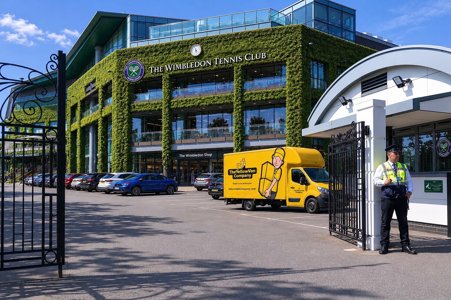 Yellow Van Company branded removal van parked outside the All England Lawn Tennis Club in Wimbledon &mdash; trusted family-run removals across SW19 and SW20 since 2011