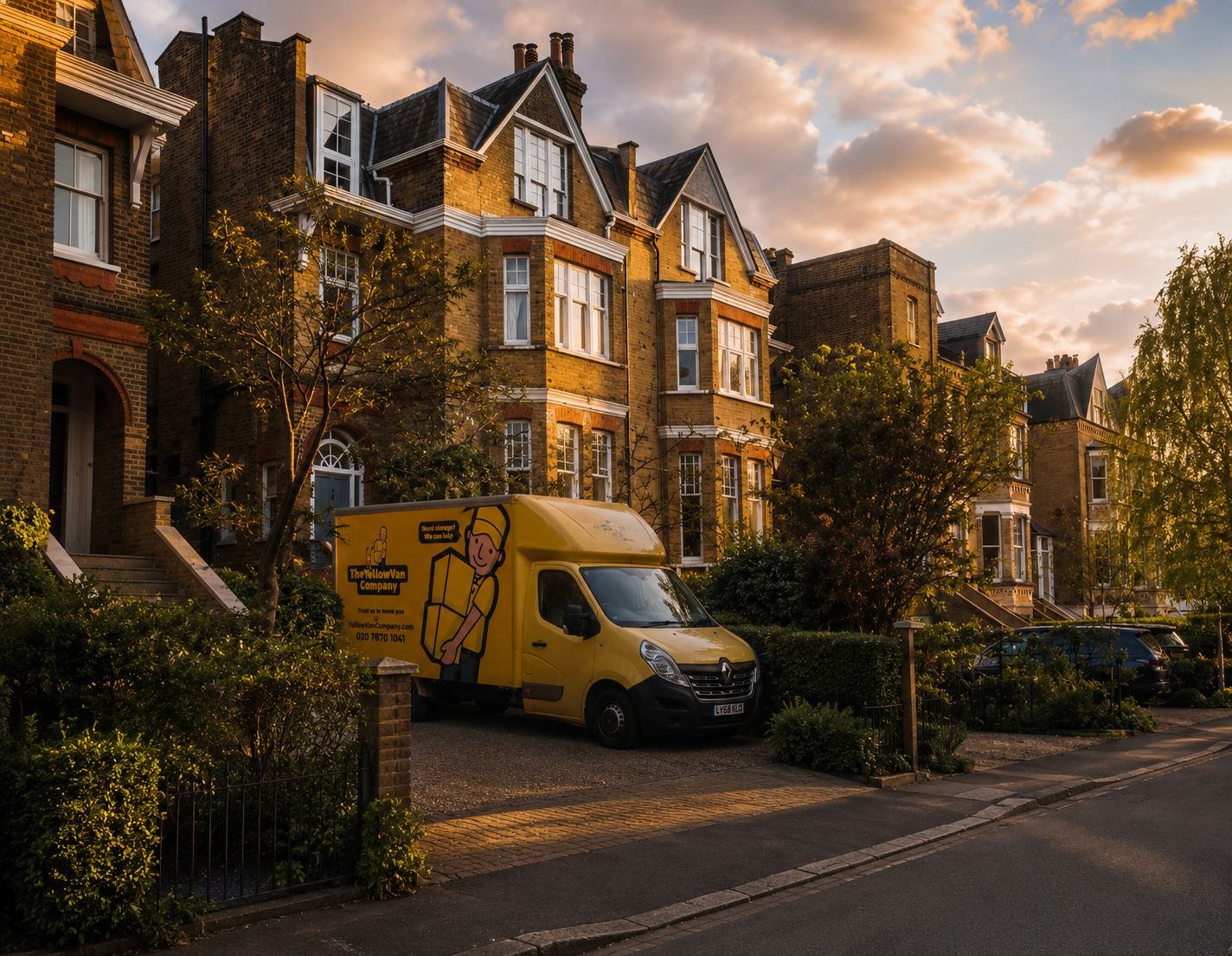 Yellow Van Company branded van outside a Wimbledon home on a residential removal &mdash; trusted family-run firm across SW19, SW20 and South West London since 2011
