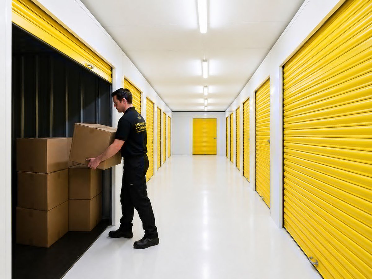 Yellow Van Company mover standing by the door of a secure self storage unit at the Mitcham South London facility &mdash; 24-hour CCTV protected household and business storage since 2011